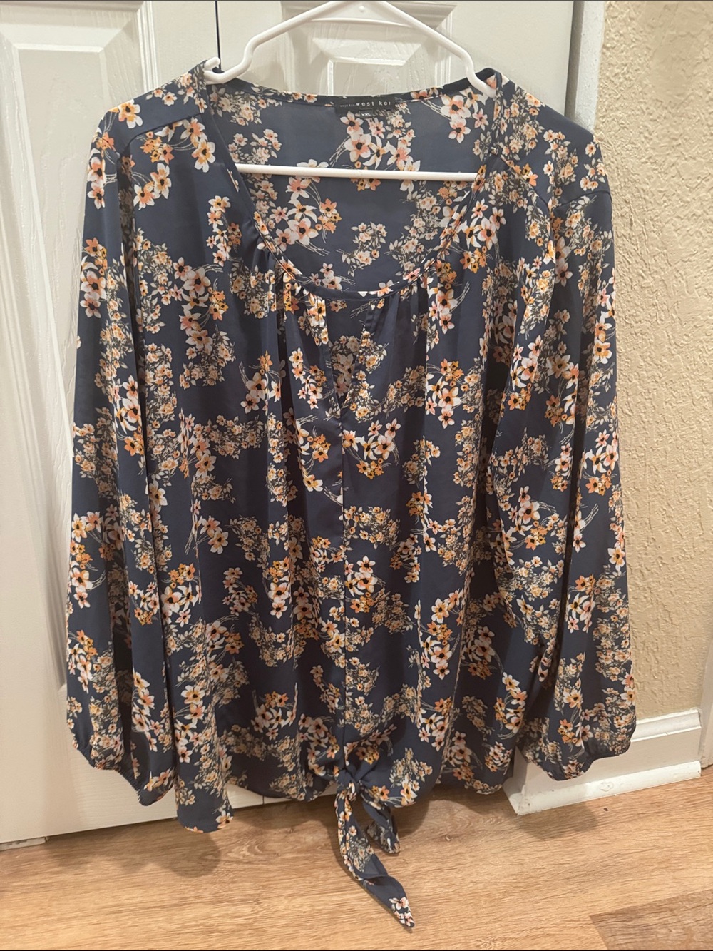 West Kei Navy Floral Tie-Front Long-Sleeve Blouse